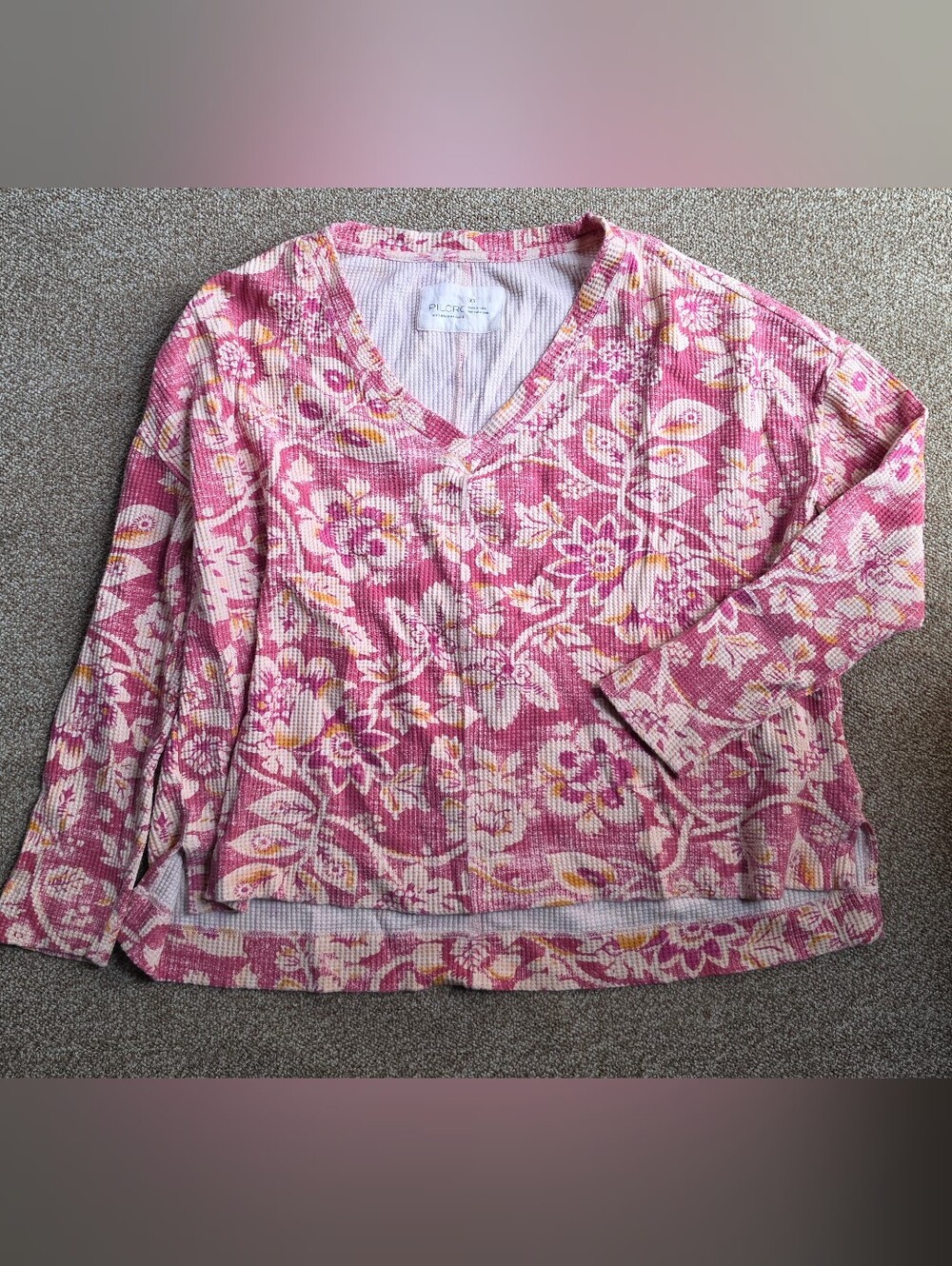 Pilcro Anthropologie Pink Floral Waffle Knit Thermal Top Size XS